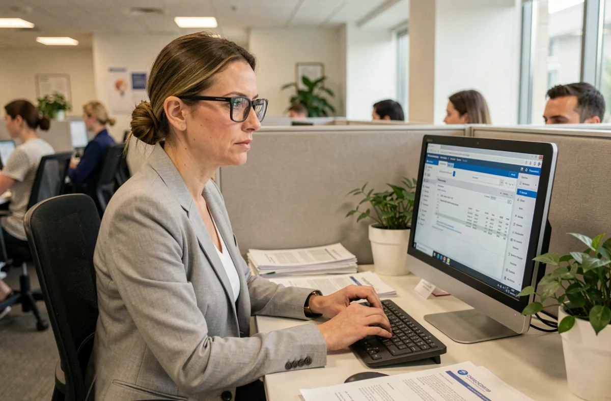Administratrice de santé gérant la facturation tiers-payant sur un logiciel de remboursement en bureau administratif