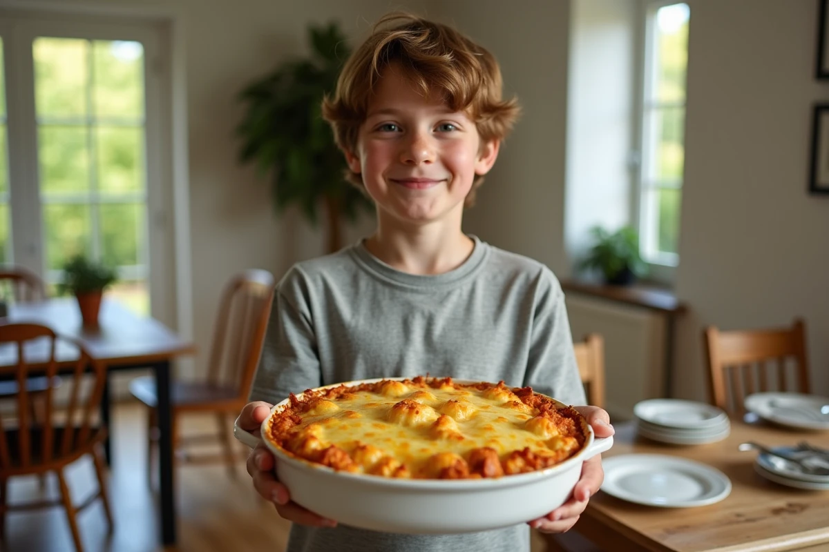 Adolescent sortant un gratin de pâtes chaud du four dans la salle à manger