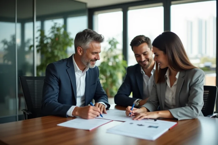 Agent immobilier en conseil avec un couple dans un bureau moderne