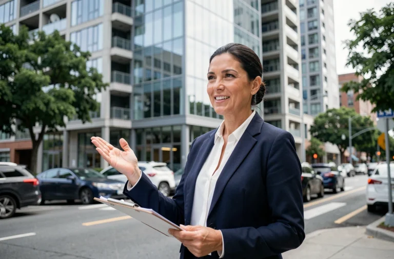 Agent immobilière devant un immeuble moderne en verre dans une grande ville, illustrant les tendances du marché immobilier 2024