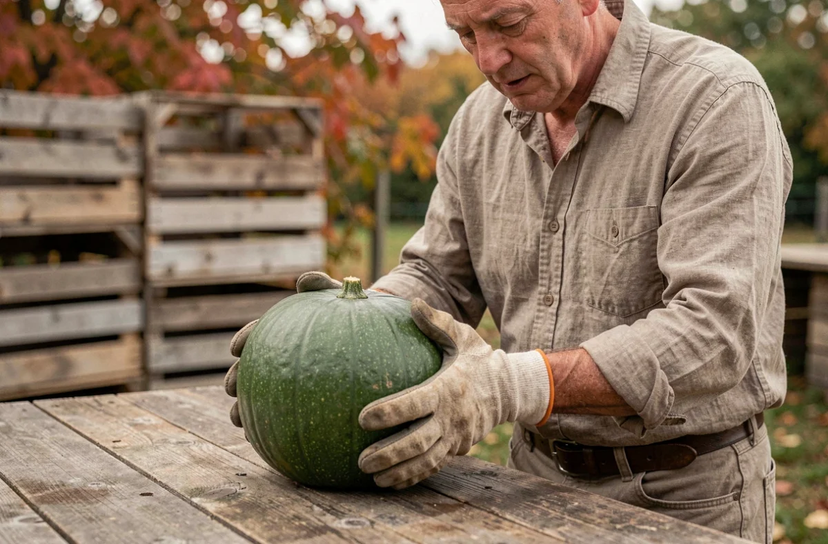 Agriculteur tenant une citrouille verte non mûre dans ses mains, inspectant la récolte dans une ferme en automne
