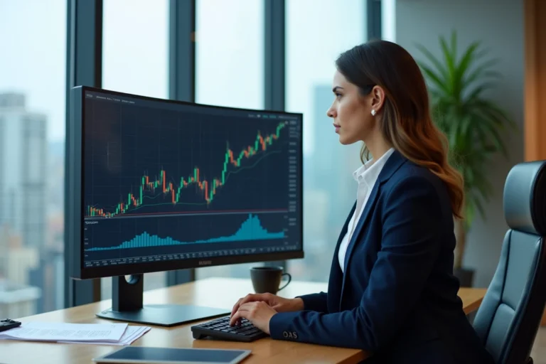 Femme analyste financière étudiant des graphiques boursiers sur un écran incurvé dans un bureau moderne avec vue sur la ville