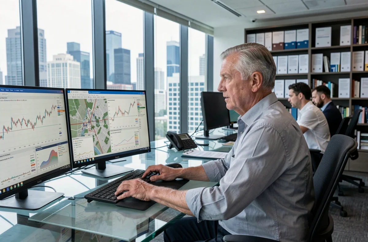 Analyste immobilier senior examinant des graphiques de tendances du marché immobilier sur plusieurs écrans dans un bureau moderne avec vue sur la ville