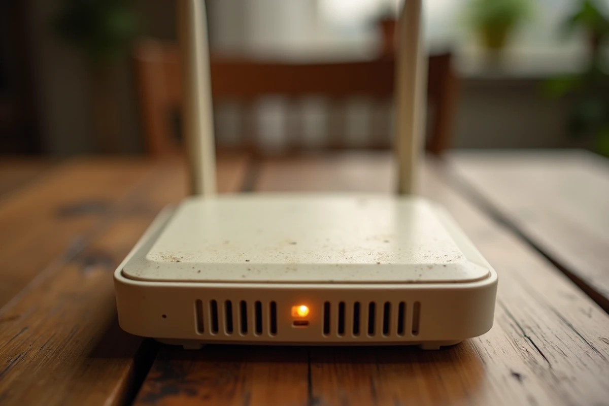 Gros plan d'un ancien point d'accès Wi-Fi Legacy des années 2000 posé sur une table en bois, montrant les détails de son boîtier vieilli