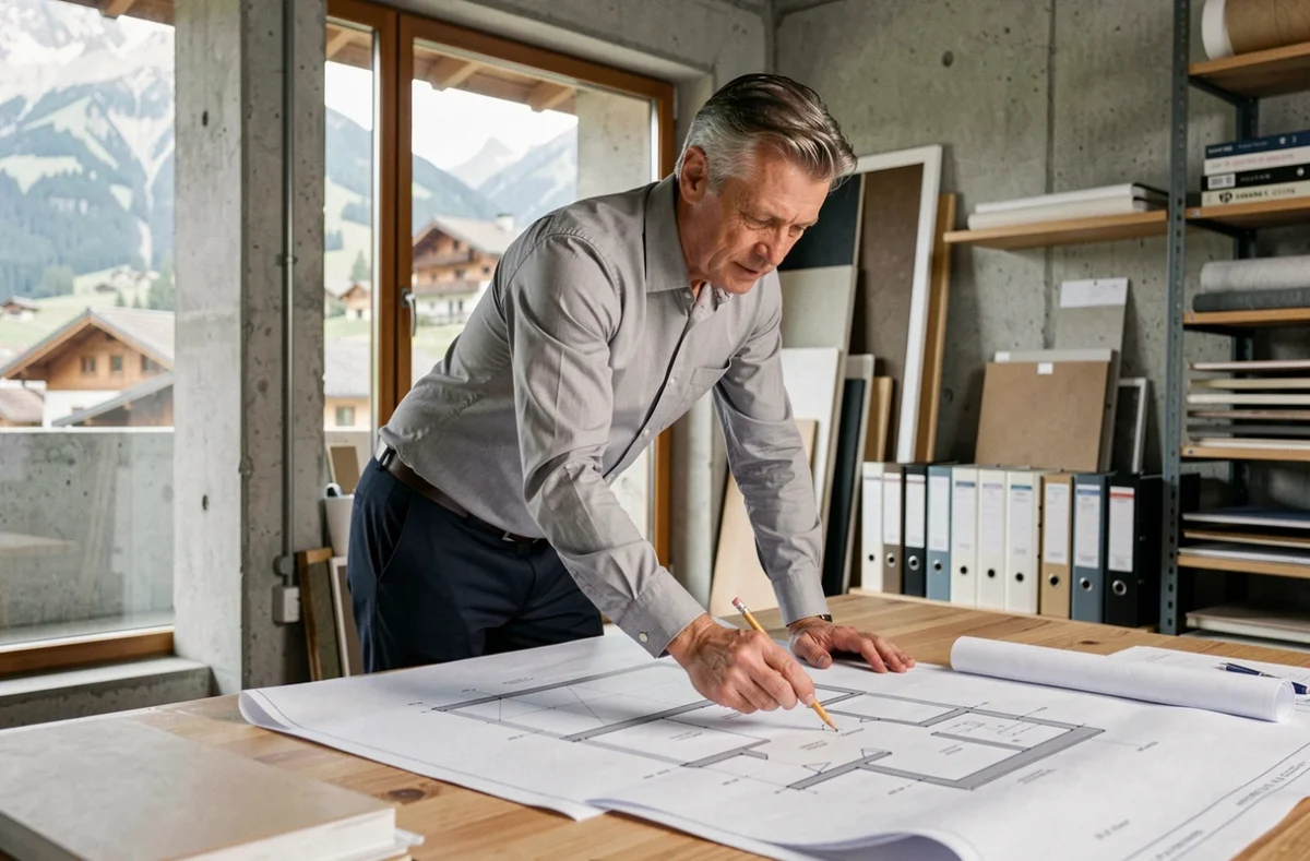 Architecte suisse étudiant des plans de rénovation de bâtiment pour obtenir des subventions en Suisse