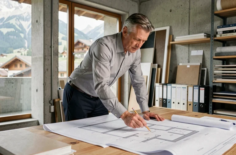 Architecte suisse étudiant des plans de rénovation de bâtiment pour obtenir des subventions en Suisse