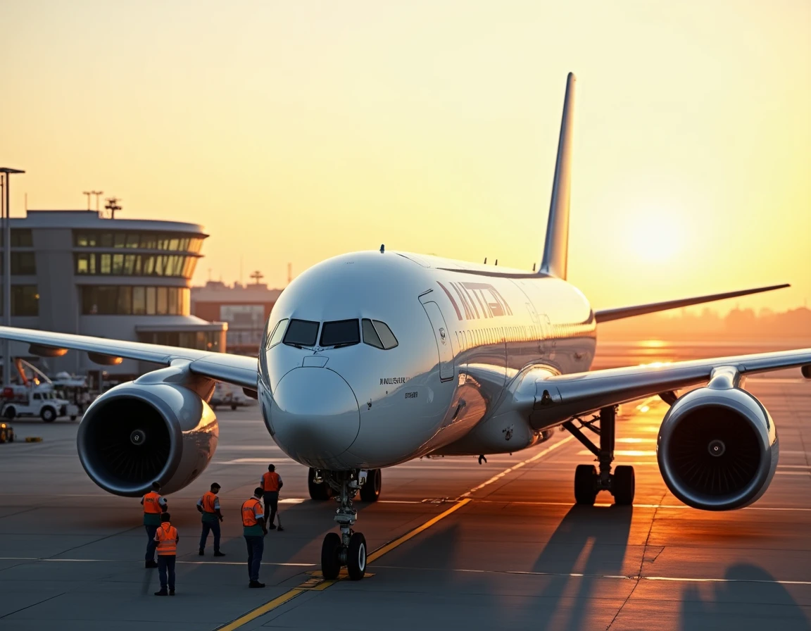 Avion Airbus A350 sur le tarmac d'un aéroport avec des techniciens de maintenance et le terminal en arrière-plan