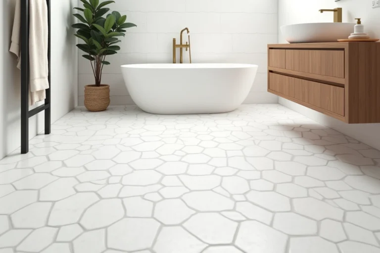 Salle de bain moderne avec carrelage hexagonal blanc au sol et baignoire autoportante