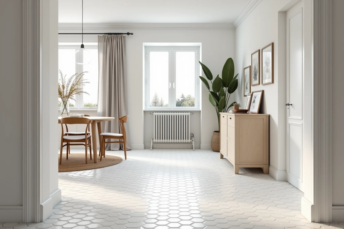 Salon scandinave à plan ouvert avec sol en carrelage hexagonal blanc et mobilier en chêne clair