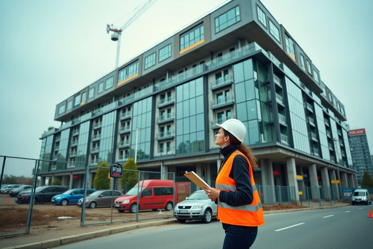 Responsable de chantier supervisant la construction d'un ensemble immobilier commercial mixte en périphérie de Lyon pour une grande foncière française