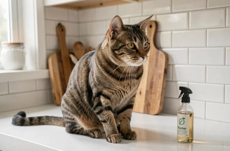 Chat tigré sur un comptoir de cuisine s'éloignant d'un flacon de vinaigre blanc, illustrant les dangers du vinaigre pour les félins
