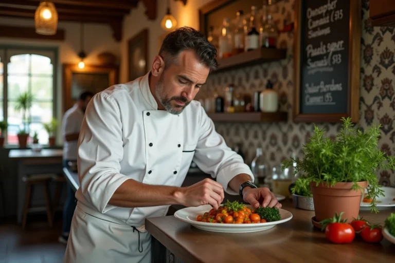 Chef français garnissant une assiette de ratatouille