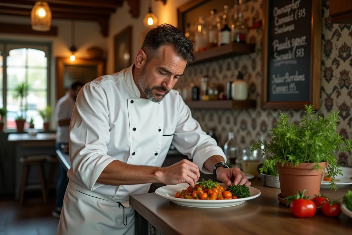 Chef français garnissant une assiette de ratatouille