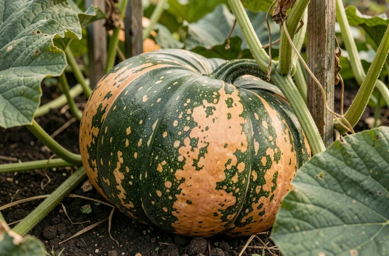 Citrouille encore verte attachée à sa tige dans un potager, montrant une peau tachetée de vert et d'orange avant maturation complète