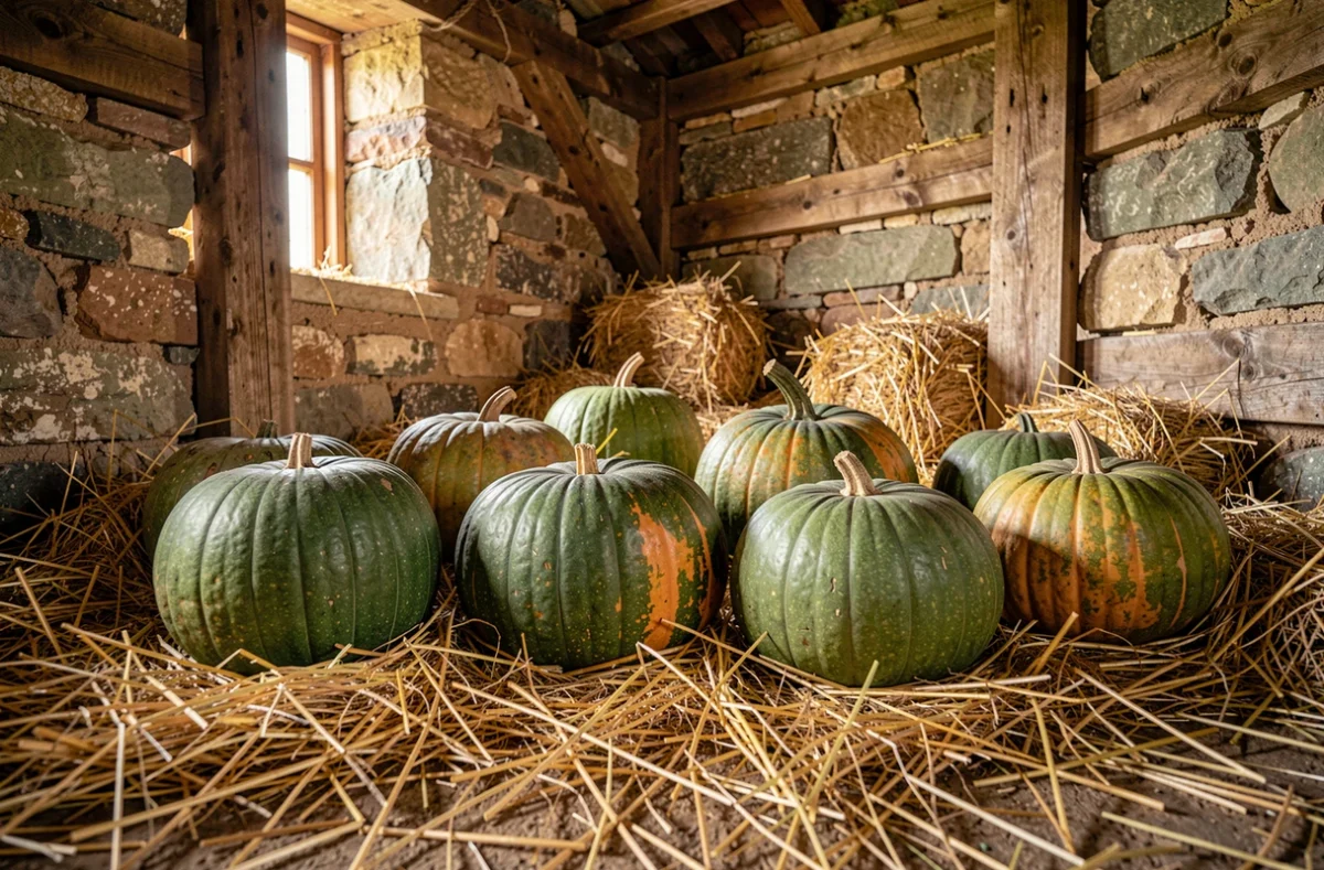 Plusieurs citrouilles vertes en cours de maturation posées sur de la paille dans une grange rustique, montrant les premières traces orangées
