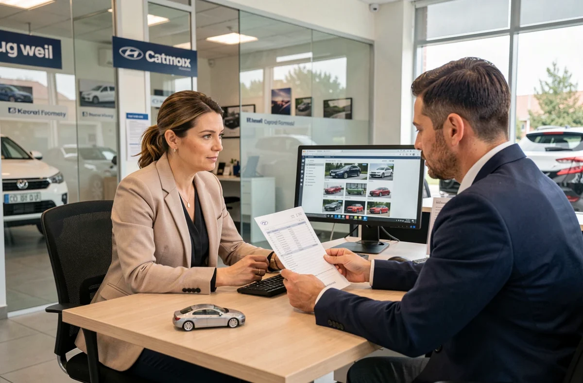 Cliente et conseiller automobile discutant d'un rapport de voiture d'occasion dans une concession