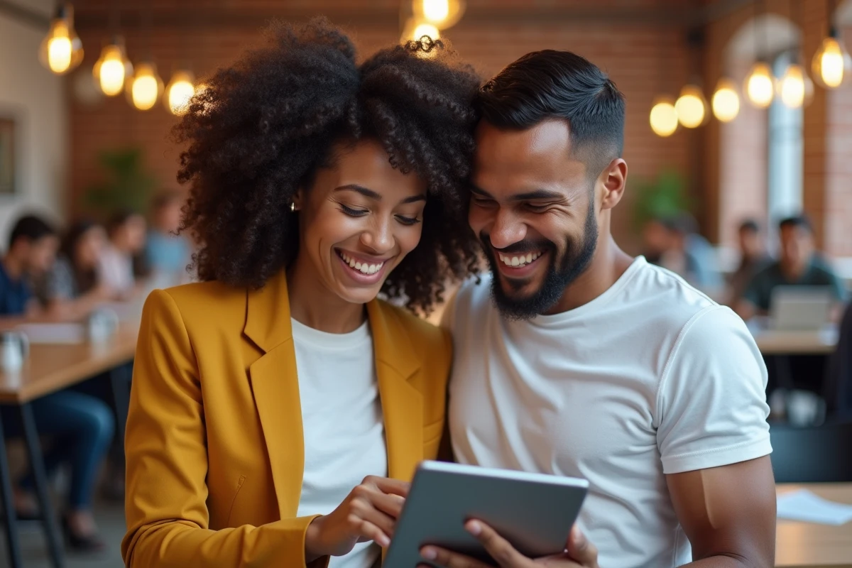 Deux jeunes professionnels explorant des tendances informatiques ensemble sur une tablette dans un espace de coworking