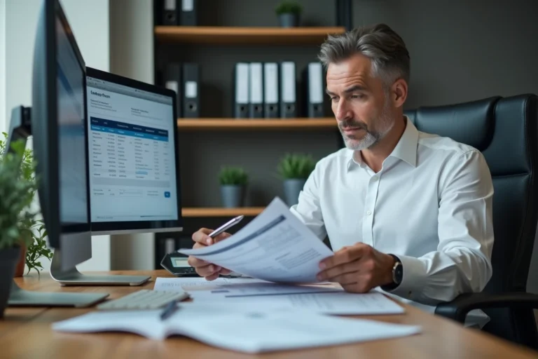 Comptable analysant les entrées du compte 75888 M57 sur des documents financiers imprimés dans un bureau administratif moderne