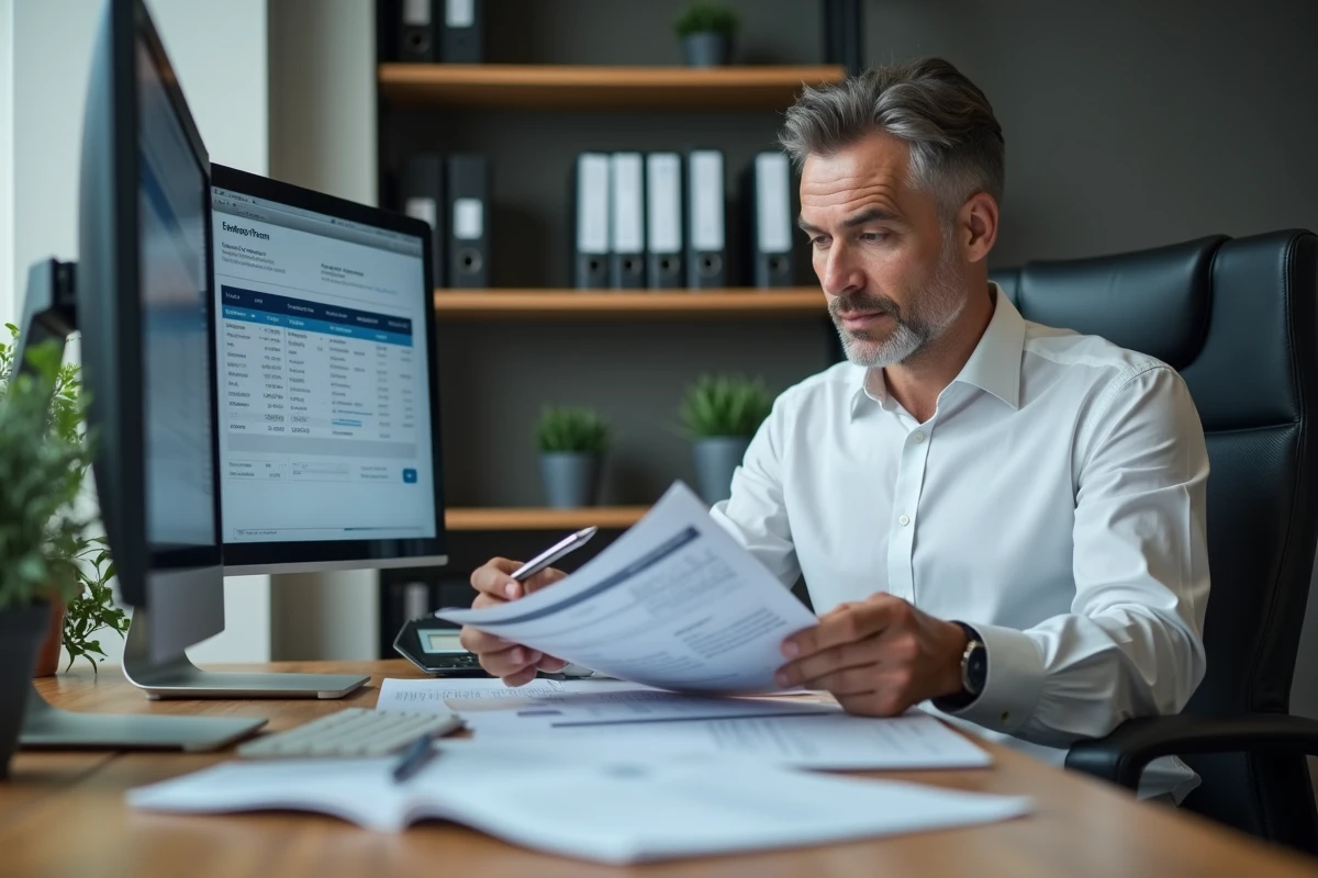 Comptable analysant les entrées du compte 75888 M57 sur des documents financiers imprimés dans un bureau administratif moderne