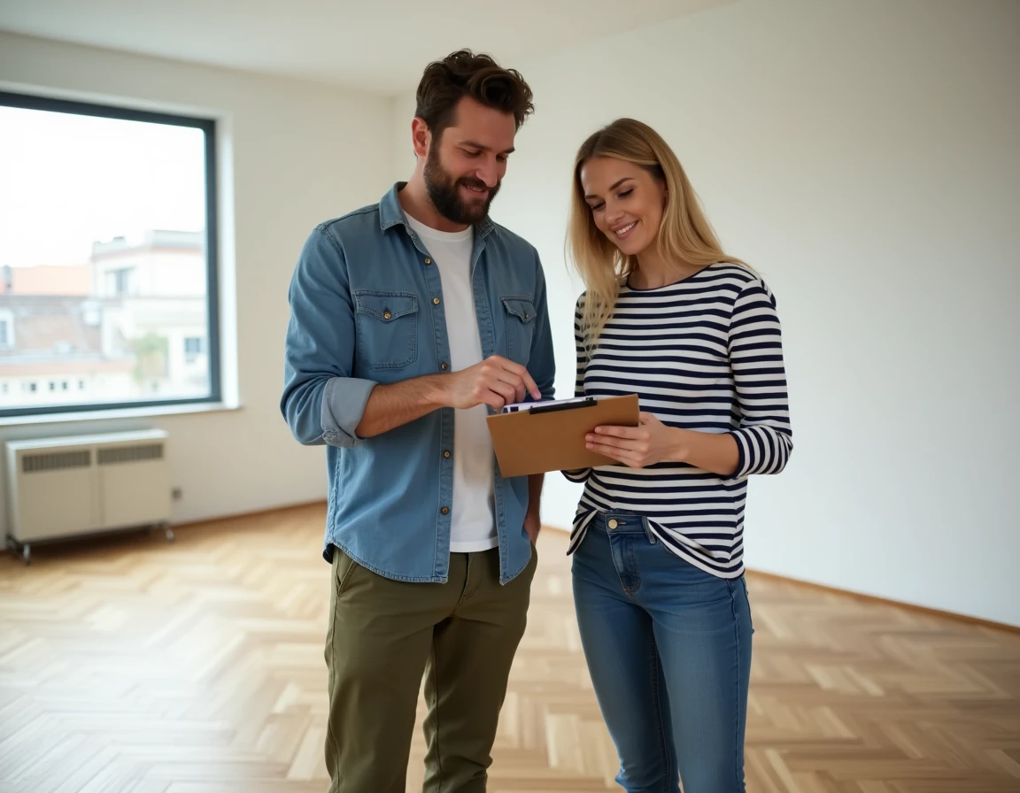 Couple consultant une liste de contrôle pour organiser leur déménagement dans un appartement vide et lumineux