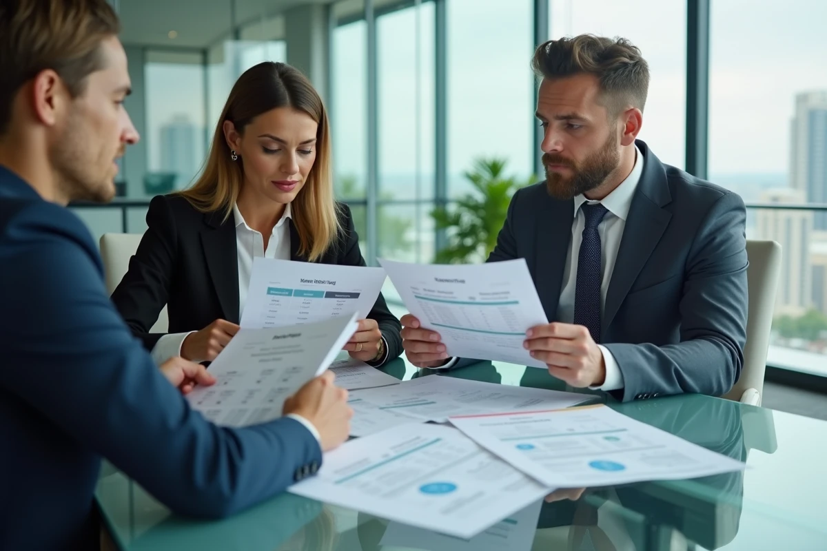 Couple de locataires discutant des tarifs LocService avec un agent immobilier dans une agence moderne