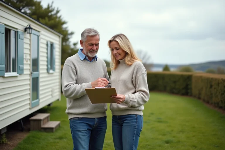 Couple adulte regardant des documents près d'un mobilhome en Bretagne