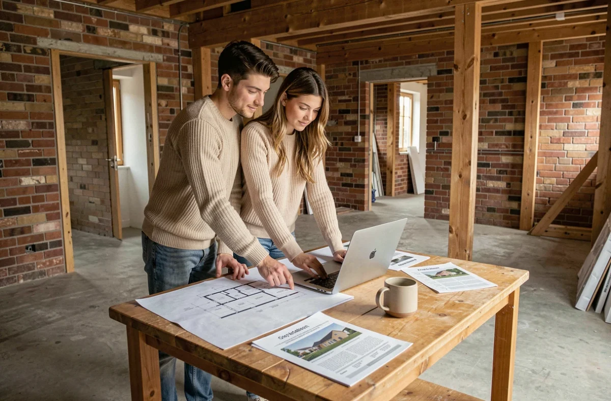 Jeune couple étudiant des plans de rénovation immobilière dans un appartement en travaux, symbolisant l'investissement immobilier en 2024