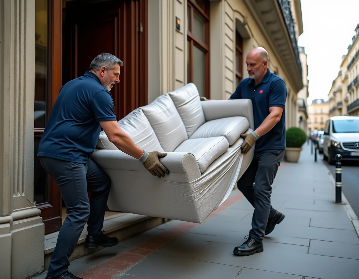 Deux déménageurs professionnels portant un canapé emballé à l'entrée d'un immeuble haussmannien parisien