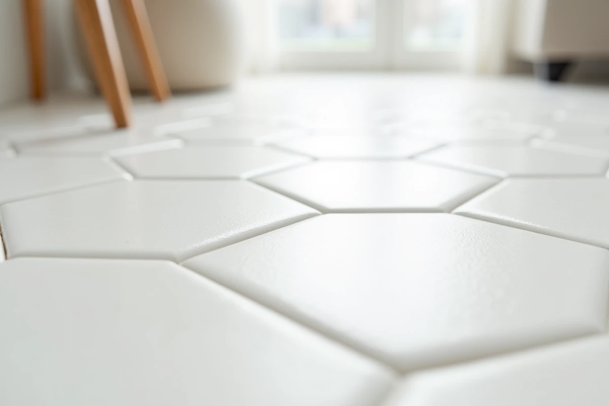 Détail de carrelage hexagonal blanc en céramique mate sur le sol d'une cuisine contemporaine