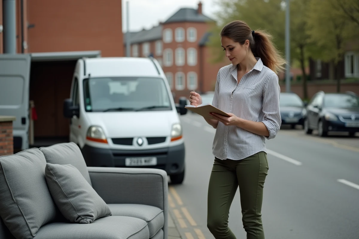 Femme comparant les dimensions d'un canapé avant chargement dans une camionnette de déménagement