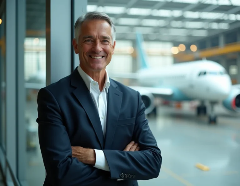 Dirigeant d'Airbus en costume sombre debout devant une fenêtre donnant sur une usine d'assemblage d'avions