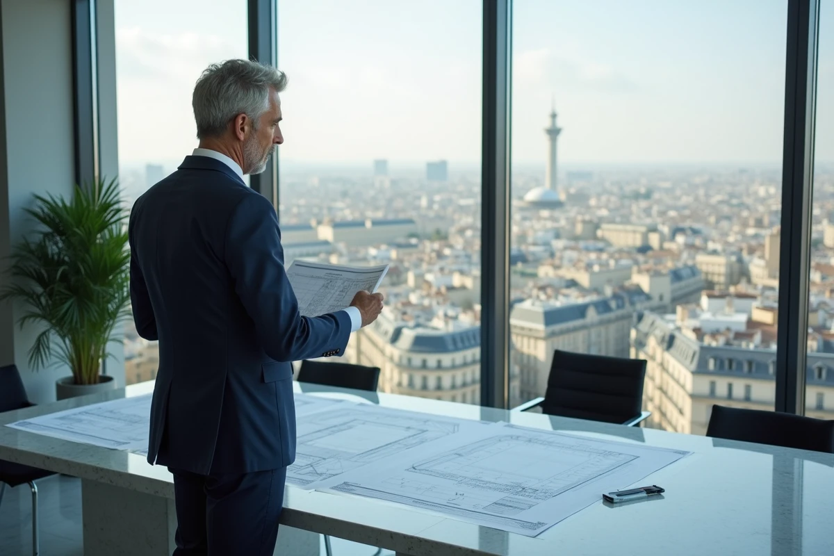 Dirigeant d'une grande foncière française examinant des plans d'urbanisme commercial dans une salle de conférence avec vue sur Paris