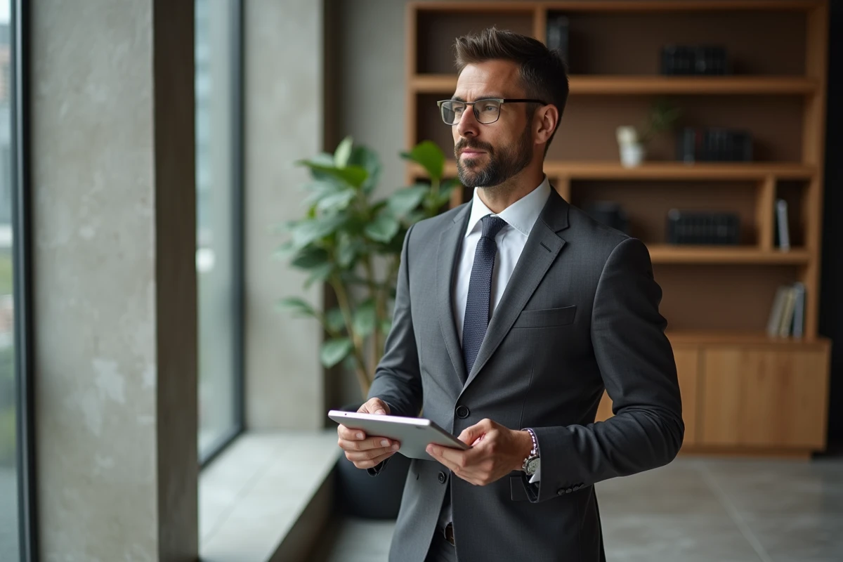 Dirigeant d'entreprise consultant des graphiques de croissance sur tablette dans un bureau exécutif minimaliste