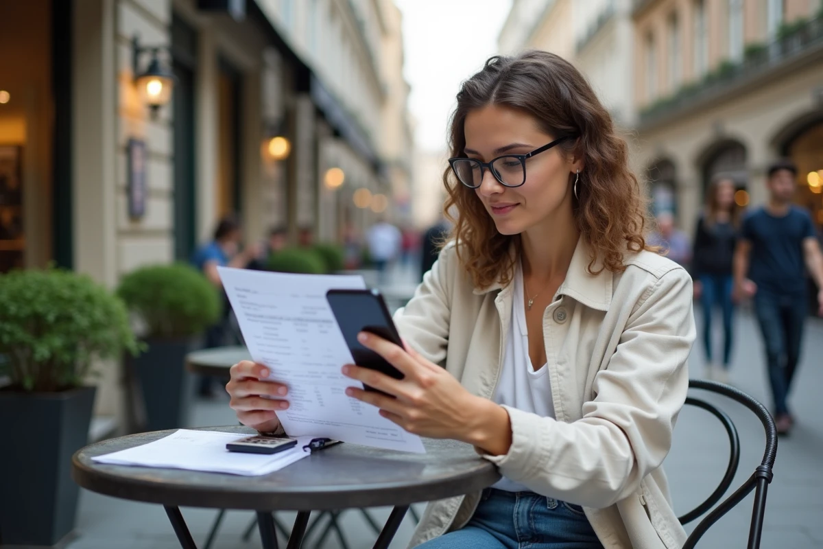 Jeune enseignante analysant sa fiche de paie pendant les congés scolaires en terrasse de café