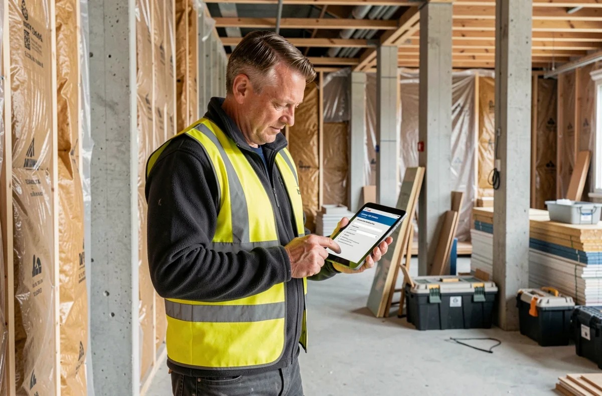 Entrepreneur en construction suisse consultant une demande de subvention sur tablette dans un chantier