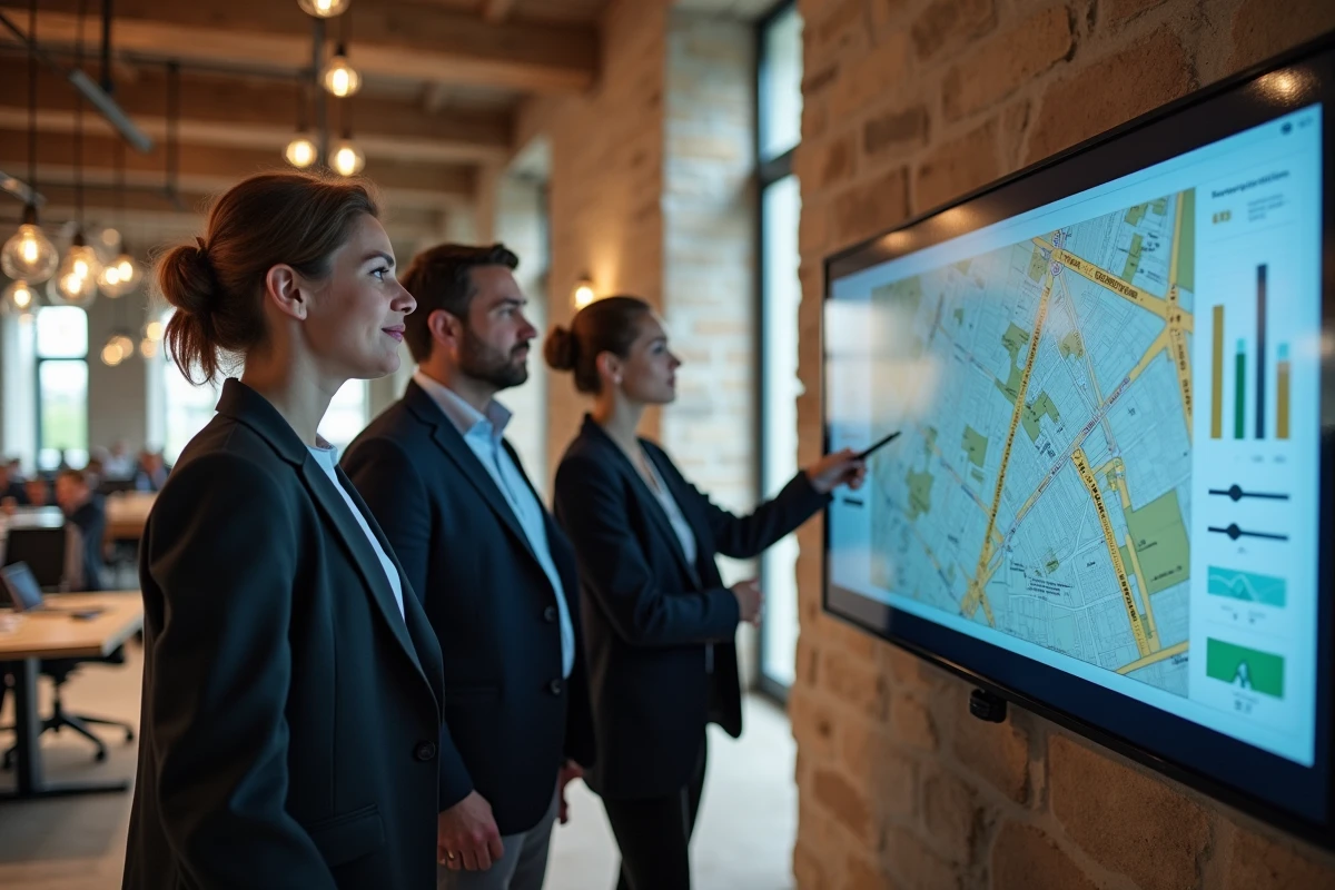 Équipe de professionnels de l'immobilier commercial analysant des données de portefeuille foncier sur un écran interactif dans un espace de travail rénové