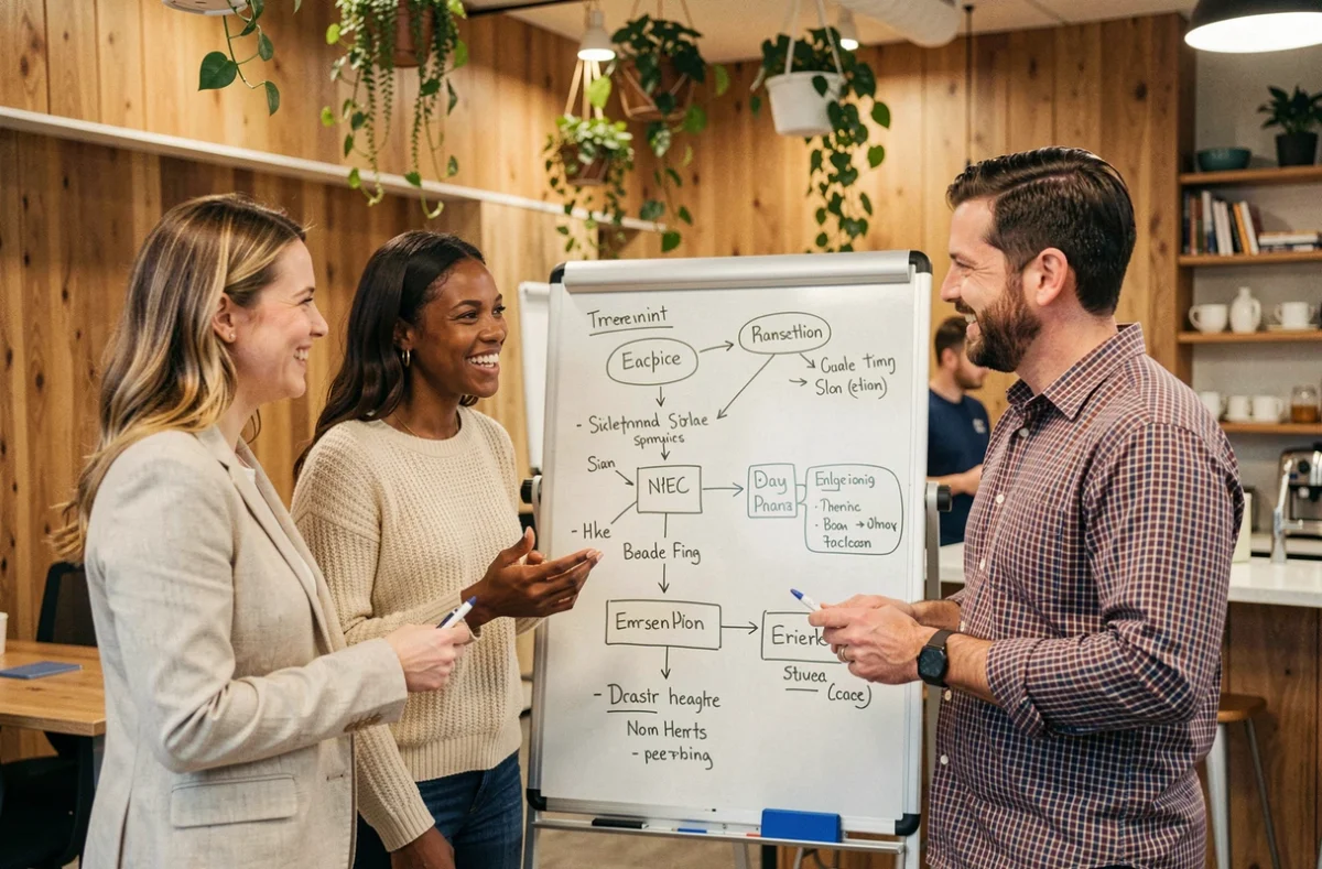 Équipe de professionnels diversifiés collaborant autour d'un tableau blanc avec des stratégies d'entreprise dans un espace de coworking