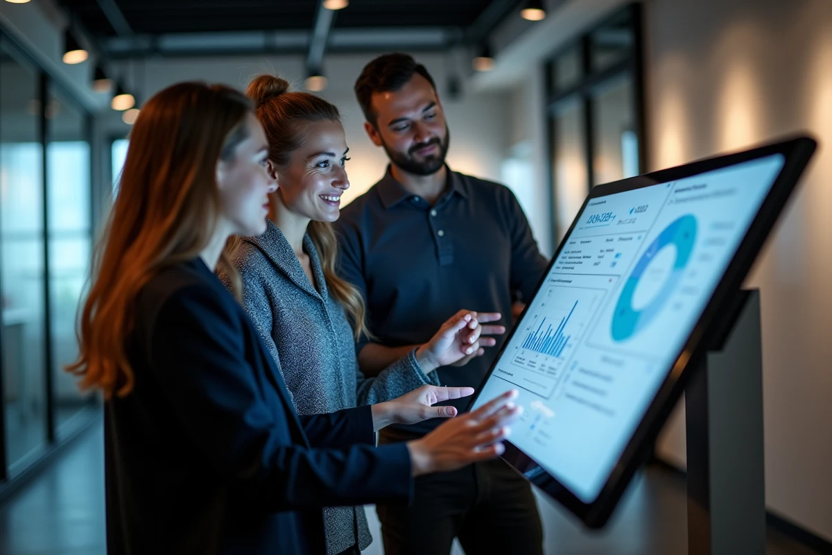 Équipe de professionnels discutant autour d'un écran interactif dans un espace startup, symbolisant les tendances numériques et l'innovation collaborative