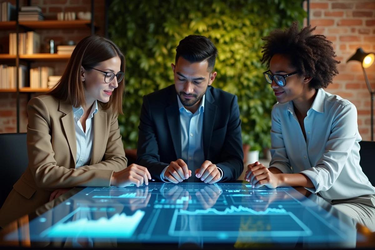 Équipe de professionnels de la finance collaborant autour d'un tableau de bord de tendances d'investissement dans un bureau fintech moderne