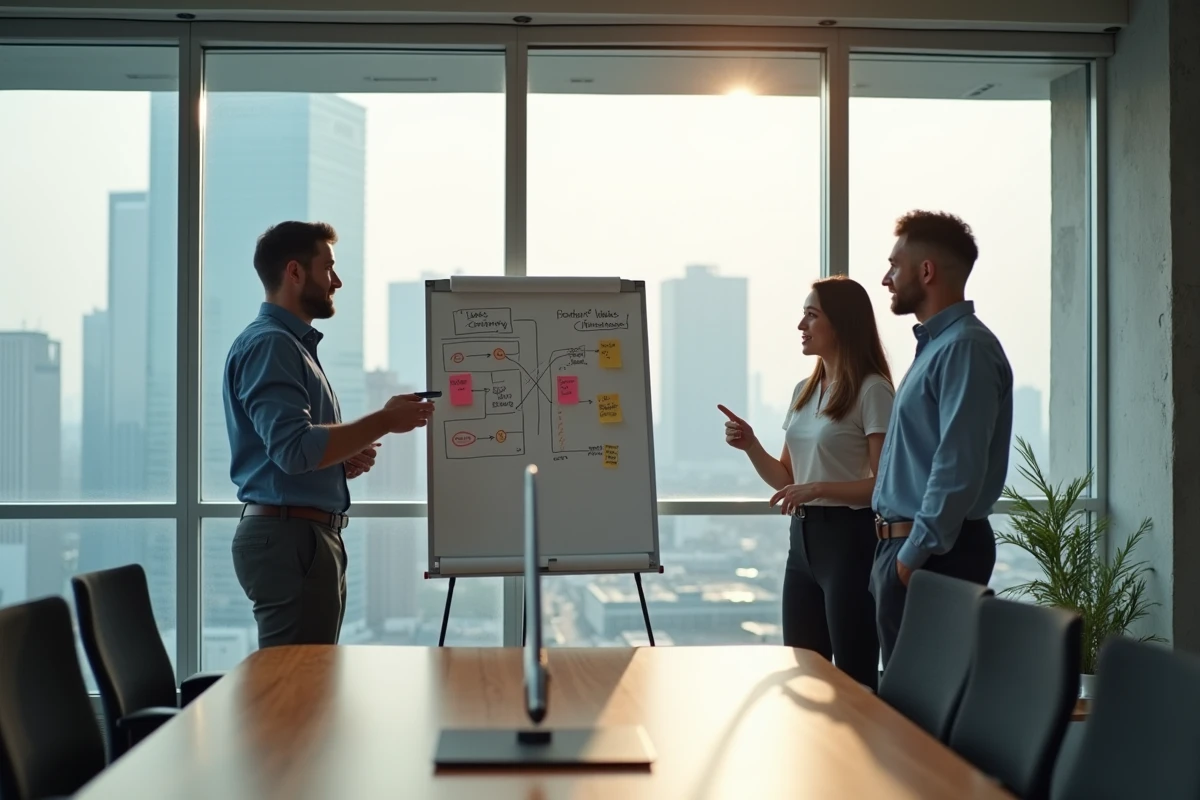 Équipe professionnelle en réunion stratégique autour d'un tableau blanc dans un espace de travail collaboratif moderne