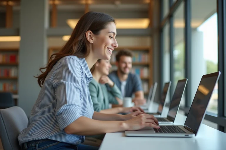 Étudiante souriante utilisant son ordinateur dans un lounge universitaire