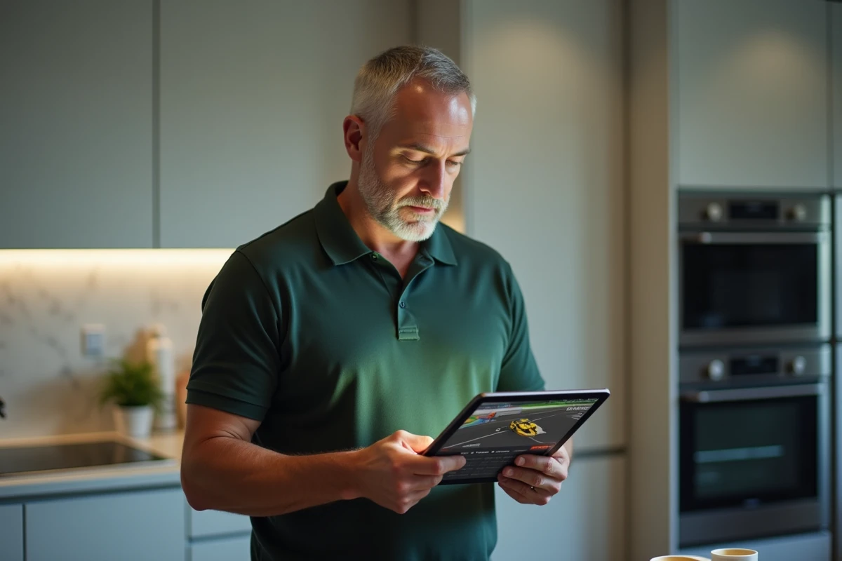 Homme regardant la Formule 1 en direct sur une tablette dans une cuisine moderne
