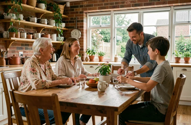 Famille multigénérationnelle réunie autour d'une grande table en bois dans une cuisine chaleureuse et authentique