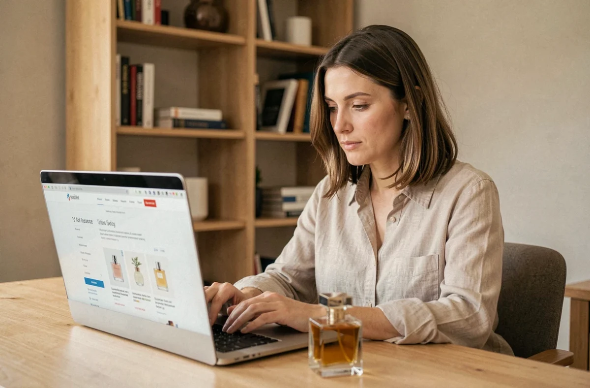 Femme consultant un site de vente de parfums en ligne depuis son bureau à domicile