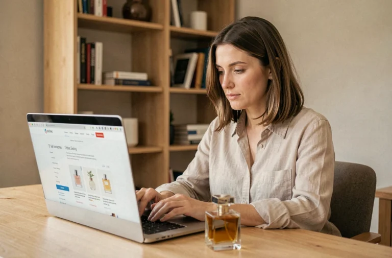 Femme consultant un site de vente de parfums en ligne depuis son bureau à domicile