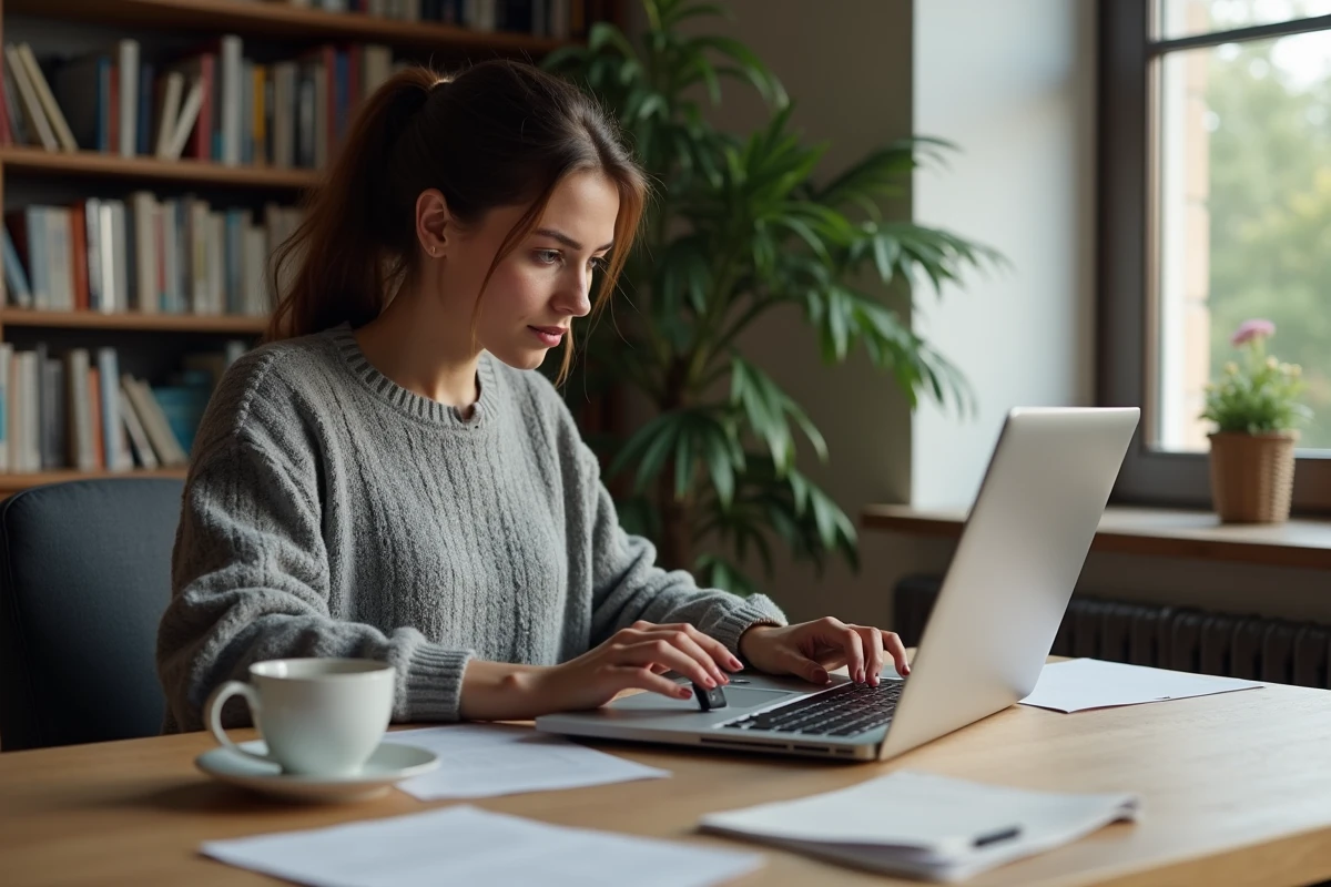 Femme connectant un adaptateur Wi-Fi Legacy USB à un ordinateur portable dans un bureau à domicile