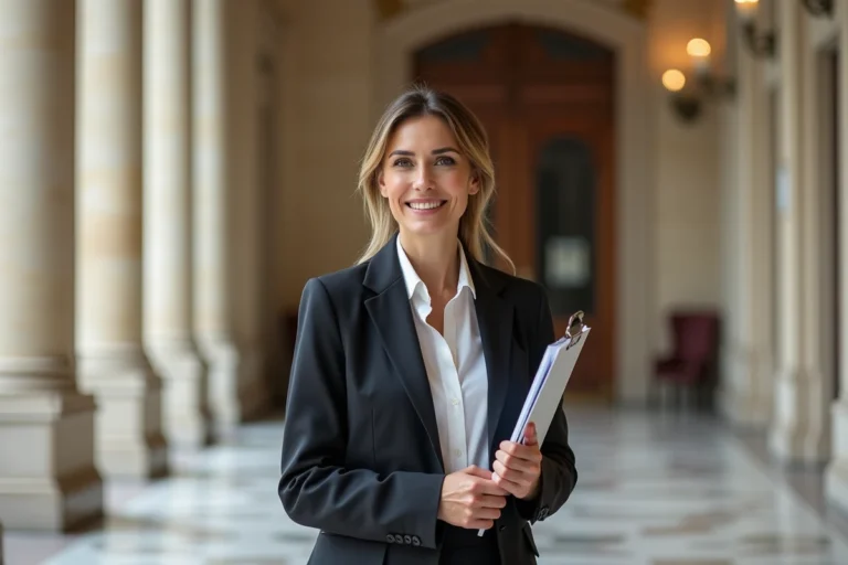 Femme d'affaires souriante dans le lobby de la CCI Paris