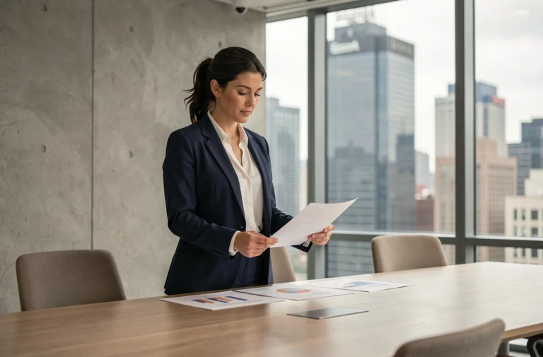 Femme d'affaires confiante en blazer marine analysant des graphiques dans une salle de réunion moderne avec vue sur la ville