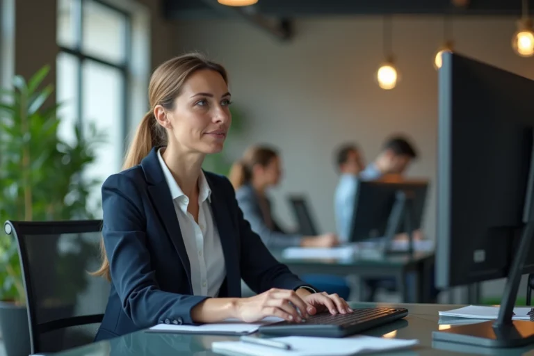 Femme cadre analysant des données business sur un grand écran dans un bureau moderne en 2024