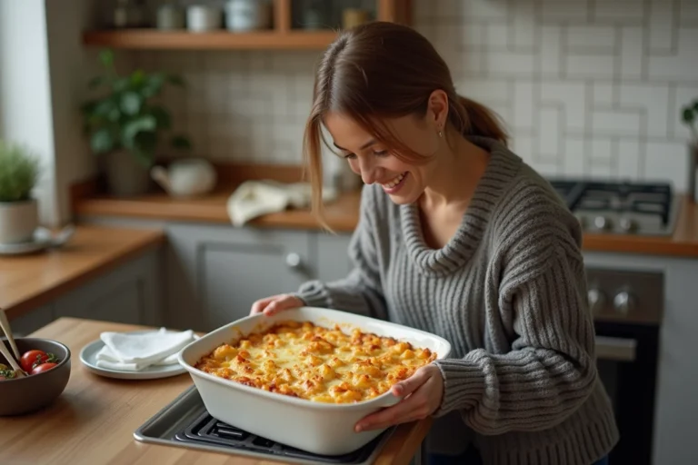 Femme en cuisine préparant un gratin de pâtes dans un four moderne